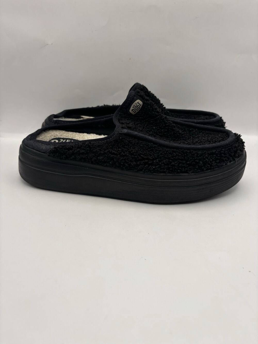 Hey Dude Austin Lift Black Fuzzy Platform Mules Women Size 8